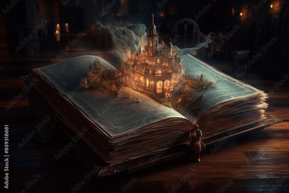 Poster an open book lays open with a detailed castle structure placed on top of it, showcasing a unique lit