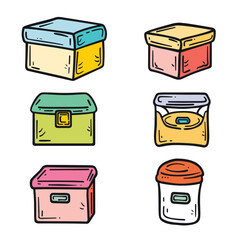 Handdrawn colorful storage boxes vector illustration isolated white background. Six different styles containers doodle, organizing home office supplies. Multicolored plastic storage bins cartoon