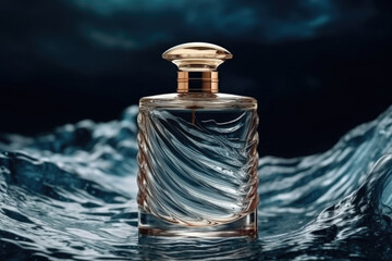 A bottle of perfume rests effortlessly on the surface of a calm body of water, creating a unique and intriguing visual contrast