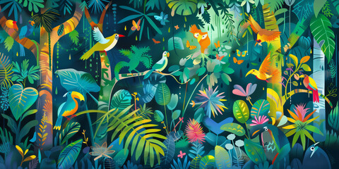 Colorful Tropical Birds in Lush Rainforest Illustration