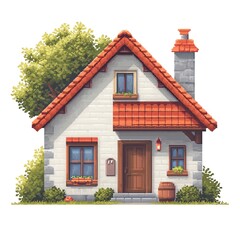 House Home Exterior Building Architecture Design City Town Village  Video Game Assets Pixel Art Pack, Retro Pixelated Gaming Sprites Set, White Background, Isolated Platformer Objects Environment Icon