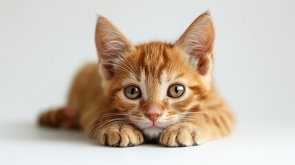 Adorable playful red kitten with funny expression in close-up on pure white background, pet concept, banner