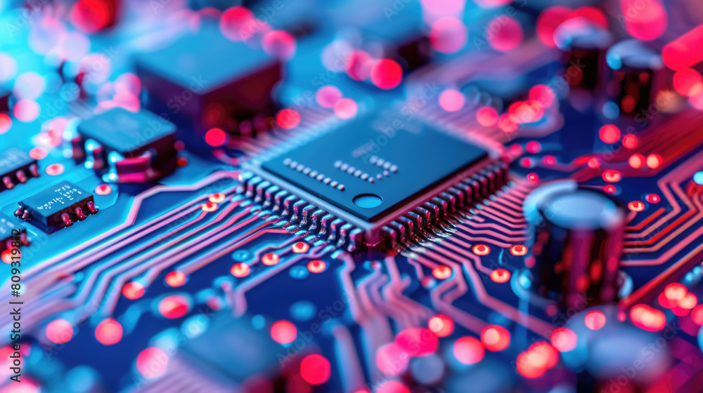 Poster a detailed view of a computer circuit board showcasing intricate circuits, chips, and components