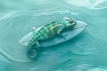 A chameleon with a surfboard.
Summer minimal concept