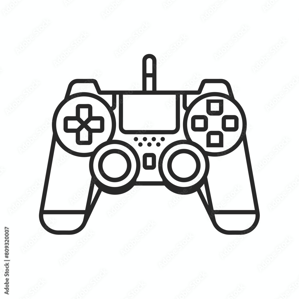 Poster line art of a video game controller with buttons and joysticks.