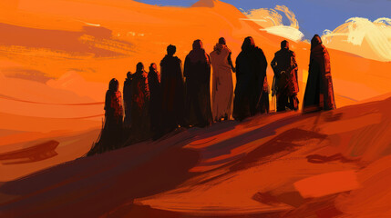 A painting depicting a group of people standing in the barren desert landscape