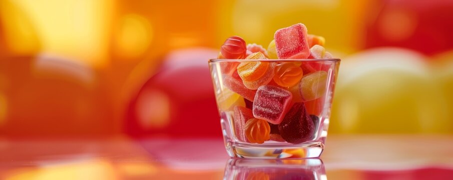 Vibrant assorted gummy candies in glass bowl