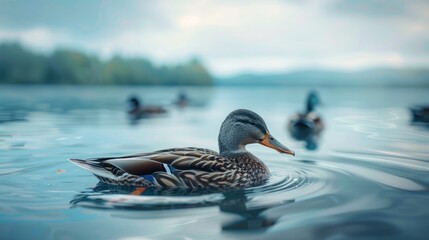 Wild duck with a gray plumage rests in a serene blue lake with a single droplet falling from its crimson beak Other ducks swim in the serene blue waters