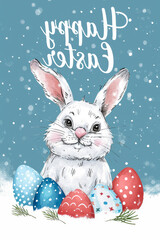 Easter poster with a Waster bunny and eggs,