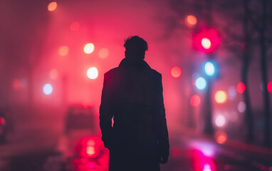 A man standing motionless in the center of a deserted street at night, surrounded by urban buildings and glowing streetlights