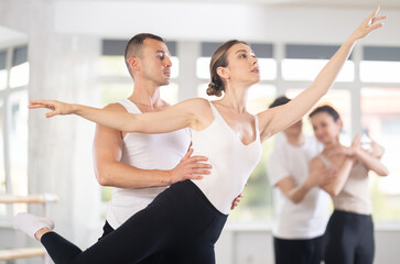 Focused graceful couple of ballet dancers showcasing skillful supports during group class in...