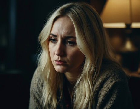 portrait of a concerned, worried looking caucasian blonde woman