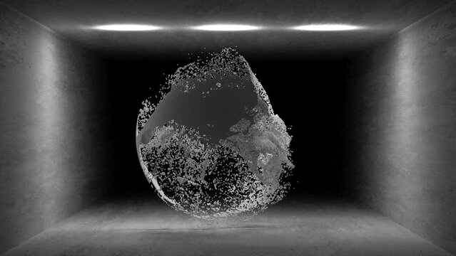 3d render of monochrome black and white abstract art video animation with surreal ball or sphere based on motion small aluminium chrome dust particles in splash as water wave inside the mystic room 