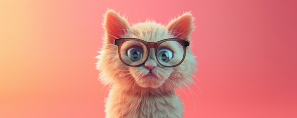 Cute kitten with glasses on pink background