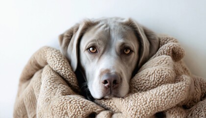 Silver Labrador Dog Cuddled Up with Blanket on White Background