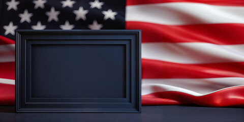 Patriotic American flag backdrop with an blank navy blue empty picture frame. 8k customizable Memorial or Veteran's Day mockup template banner for remembrance, military honor, or respect and tribute