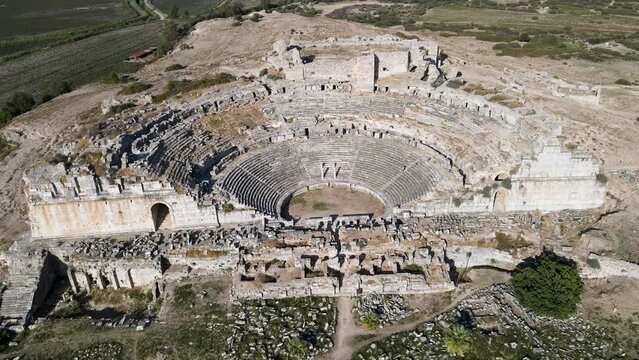 Footage of historical ruins, columns, ancient theater and temples in the ancient city of Miletus.