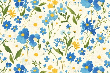 Obraz premium Delicate daisies and forget-me-nots creating a charming and whimsical seamless pattern