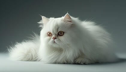 Obraz premium A close-up of a white cat in a studio, lying comfortably. The cat's fluffy fur and captivating eyes are highlighted by the studio lighting. The simple backdrop keeps the focus on the cat, showcasing