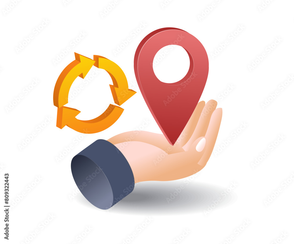 Poster Hand with map location pin infographic flat isometric 3d illustration