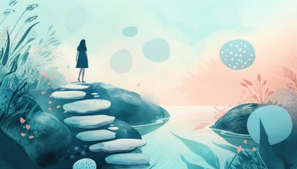 A serene natural scene shows a woman's journey to self-acceptance and mental well-being, surrounded by floating positive affirmations. Each step she takes represents progress and overcoming mental