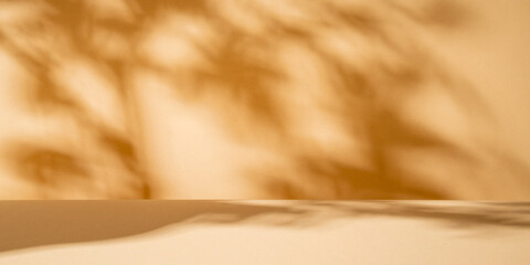 Table mockup on stucco background with branch shadows on the wall. Mock up for branding products,...