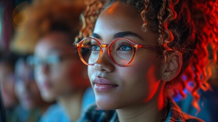 A woman with curly hair wearing glasses looking at something, AI - Powered by Adobe