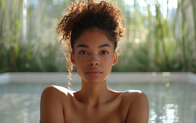 A nude woman sits by the pool, showcasing vulnerability and beauty in a serene setting