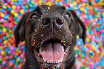 an open mouthed chocolate Labrador nose with its tongue sticking out, covered in colorful sprinkles like a candy land.