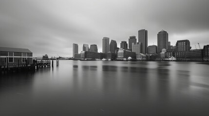 Black and White shot of Boston Harbor and Financial district in Boston Massachusetts