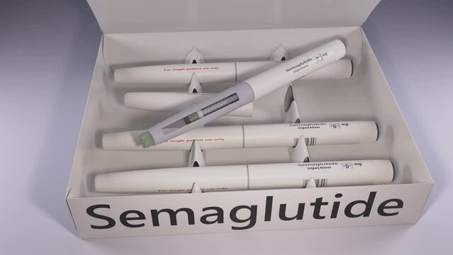 3d illustrated video of a packaged set of semaglutide injection pens