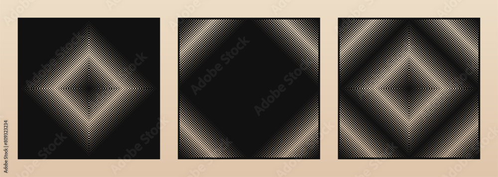 Poster Laser cut panel set. Vector template with abstract geometric pattern, halftone dots, concentric gradient. Decorative stencil for laser cutting of wood, metal, plastic. Square frame. Aspect ratio 1:1
