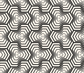 Modern vector abstract geometric seamless pattern with halftone lines, hexagon shapes in regular grid. Black and white geometrical background. Simple trendy linear texture. Monochrome repeated design