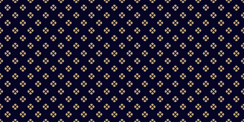 Simple minimalist black and gold floral pattern. Vector minimal seamless texture with small flower shapes, leaves, petals. Abstract luxury geometric background. Repeated geo design for print, decor