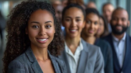Fototapeta premium A group of people standing in a line with one woman smiling, AI