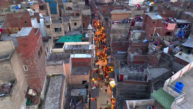 Walled City of Lahore. Evening Market near Delhi Gate, Aerial Drone Shot. Lahore, Punjab, Pakistan