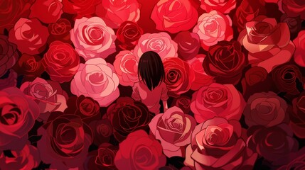 Illustration of small girl surrounded by beautiful dark red and light pink roses