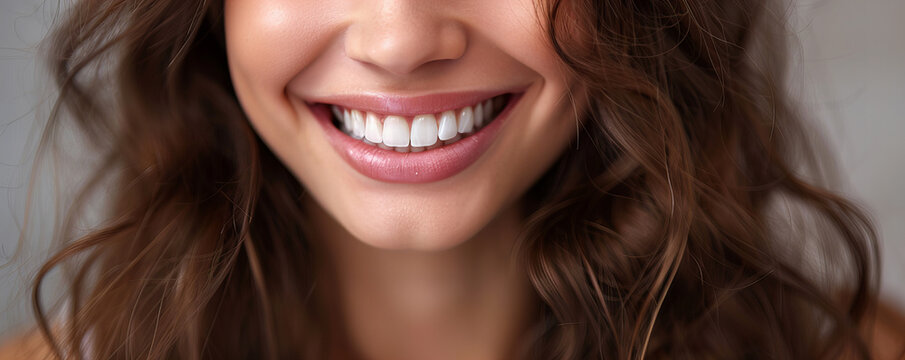 A detail of the white and healthy teeth young beutiful brunette woman .