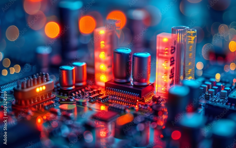 Poster detailed view of a circuit board with illuminated lights, showcasing intricate electronic components