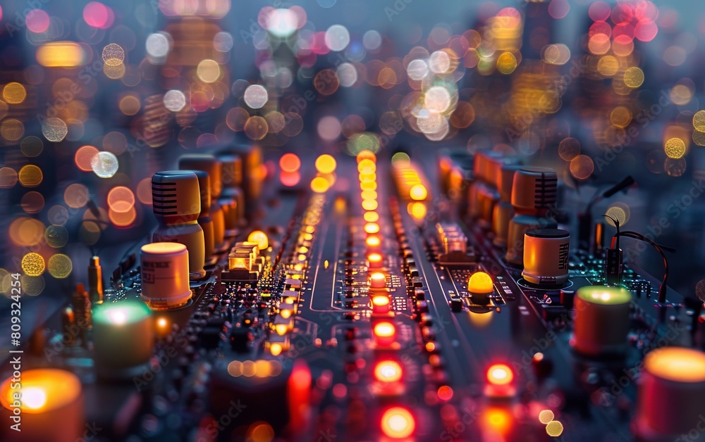 Poster detailed view of a circuit board with numerous illuminated lights, showcasing intricate electronic c