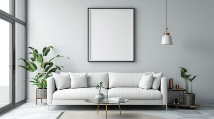 Blank picture frame mockup on gray wall, White living room design, View of modern scandinavian style interior with square artwork mock up on wall, Home staging and minimalism concept