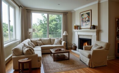 Fototapeta premium Tranquil Living Room with Plush Velvet Sofa