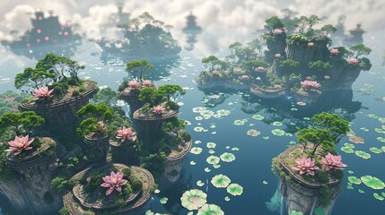 Floating Lotus Isles and Lotus flower plants. Generative Ai