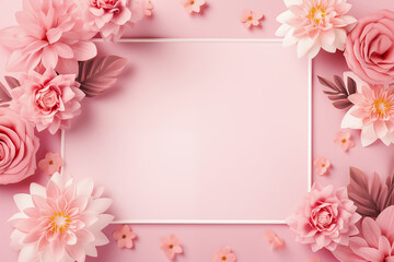 Pink paper flowers on a pink background with a white frame