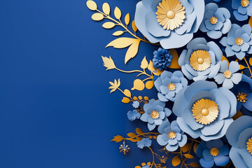 Blue and gold paper flowers against a dark blue background. Copy space