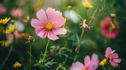 Fototapeta premium Pink cosmos flower on a green backdrop with summer wildflowers