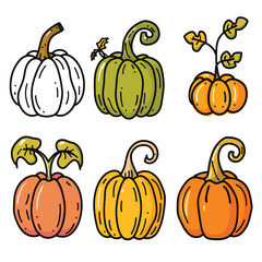 Six colorful handdrawn pumpkins, unique shape design. Top row white, green orange pumpkins, bottom row features orange yellow gourds. Vector illustration perfect autumn, Halloween, harvest festival