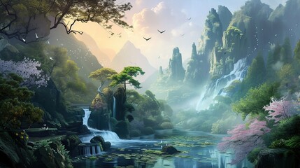 A fantasy landscape where the harmony of flowing waters. Generative Ai