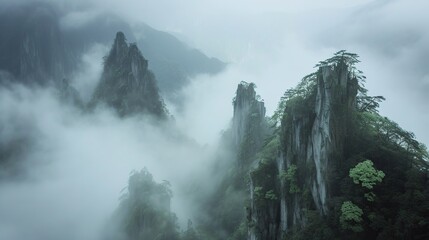 ancient temples cling to towering peaks amidst swirling mists. Generative Ai