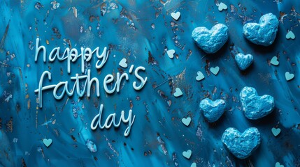 Happy Father's Day text with blue heart shapes on textured blue background. Father's Day celebration concept. Design for greeting card, poster